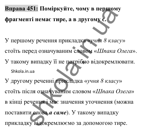 Відповідь до вправи 451 (с. 200) з української мови для 8 класу (Заболотний, 2025): Відокремлені прикладки
