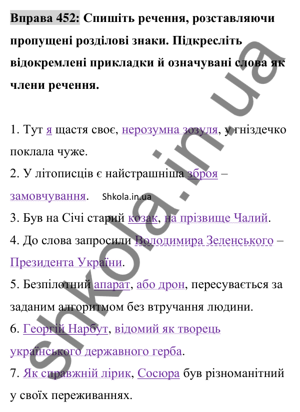 Відповідь до вправи 452 (с. 200) з української мови для 8 класу (Заболотний, 2025): Відокремлені прикладки