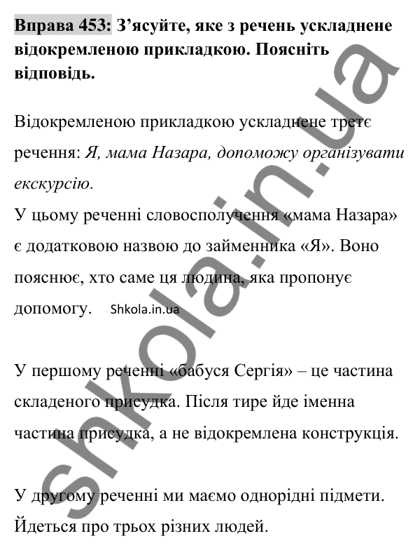 Відповідь до вправи 453 (с. 200) з української мови для 8 класу (Заболотний, 2025): Відокремлені прикладки