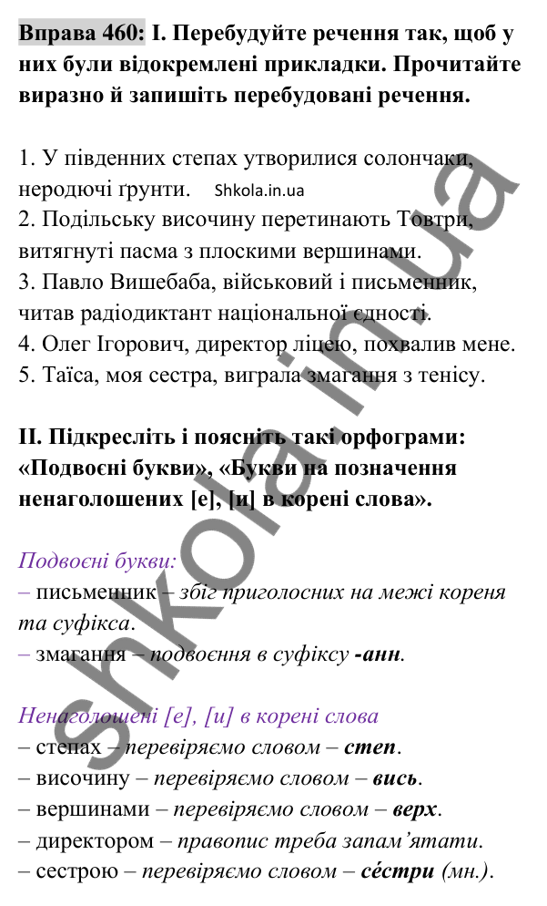 Відповідь до вправи 460 (с. 202) з української мови для 8 класу (Заболотний, 2025): Відокремлені прикладки