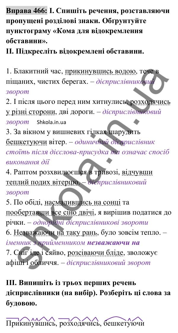 Відповідь до вправи 466 (с. 206) з української мови для 8 класу (Заболотний, 2025): Відокремлені обставини