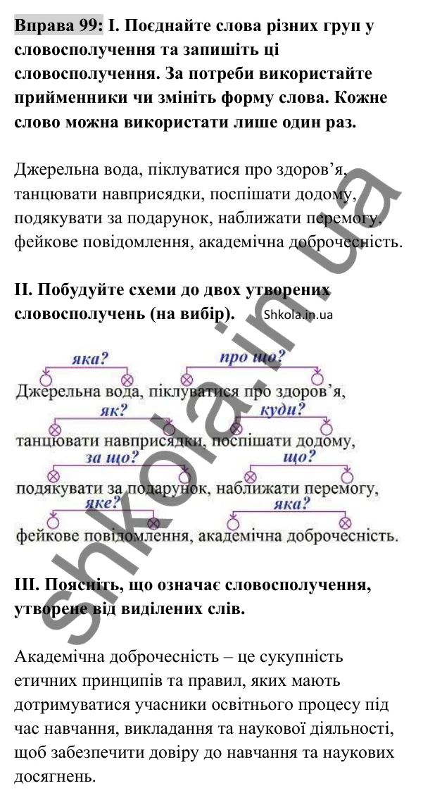 Відповідь до вправи 99 (с. 39) з української мови для 8 класу (Заболотний, 2025): Словосполучення