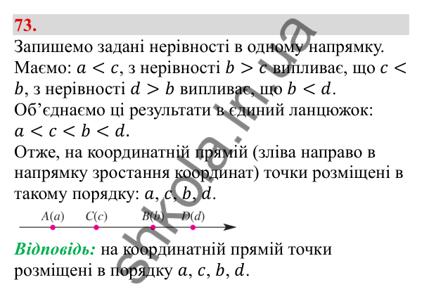 Відповідь до завдання 73 (с. 17) з алгебри для 9 класу (Бевз, 2026): Властивості числових нерівностей