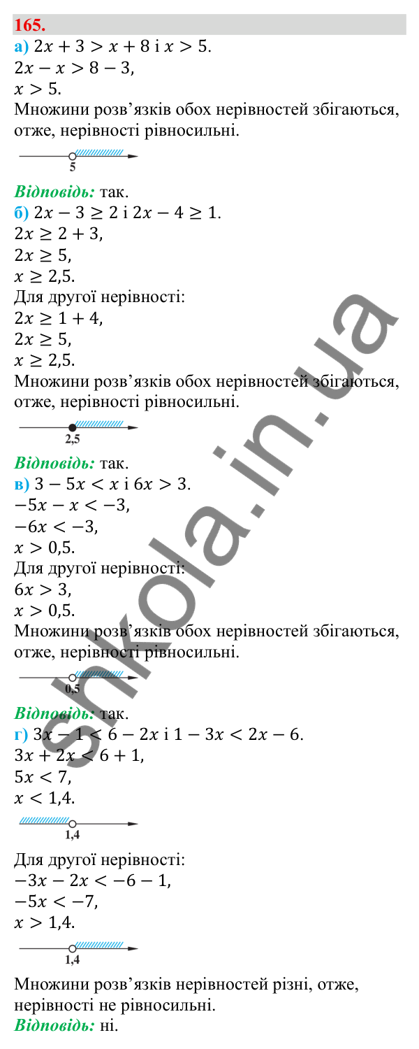 Завдання 165 Відповідь до завдання 165 (с. 35) з алгебри для 9 класу (Бевз, 2026): Розв'язування нерівностей з однією змінною