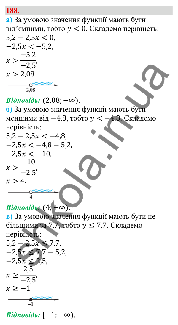 Відповідь до завдання 188 (с. 37) з алгебри для 9 класу (Бевз, 2026): Розв'язування нерівностей з однією змінною