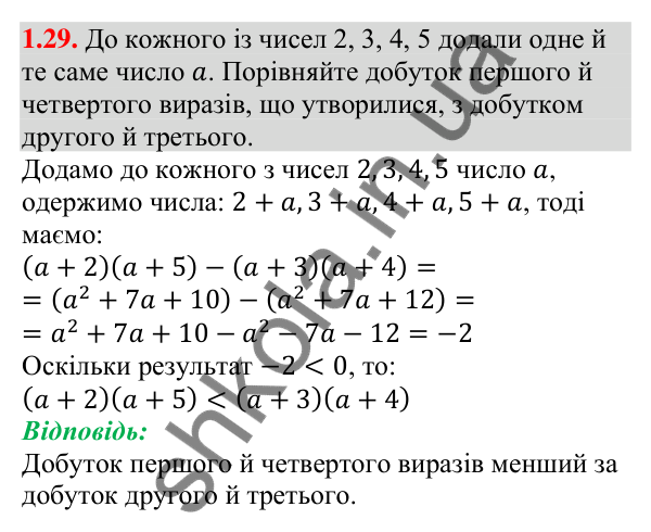 Відповідь до завдання 1.29 (с. 20) з алгебри для 9 класу (Істер, 2026): Числові нерівності. Доведення нерівностей