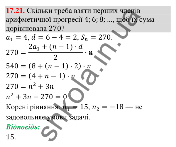 Завдання 17.21 Відповідь до завдання 17.21 (с. 169) з алгебри для 9 класу (Істер, 2026): Сума n перших членів арифметичної прогресії