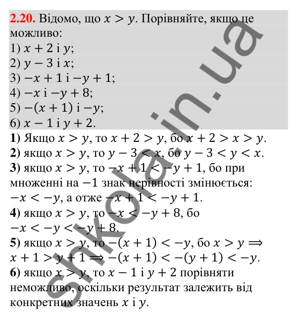 Відповідь до завдання 2.20 (с. 27) з алгебри для 9 класу (Істер, 2026): Основні властивості числових нерівностей