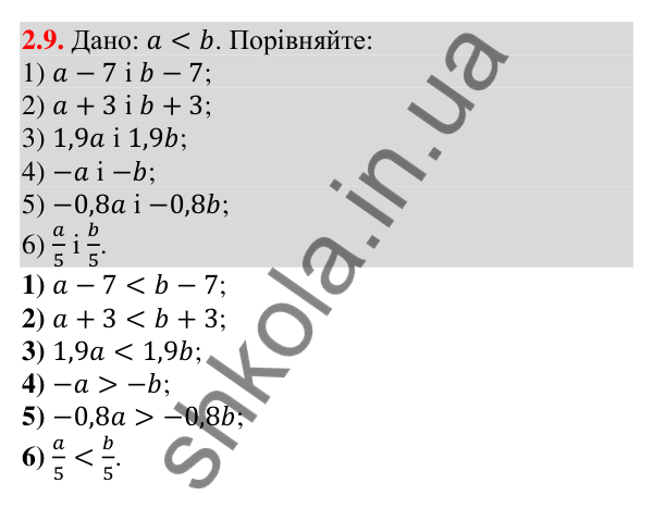 Відповідь до завдання 2.9 (с. 26) з алгебри для 9 класу (Істер, 2026): Основні властивості числових нерівностей