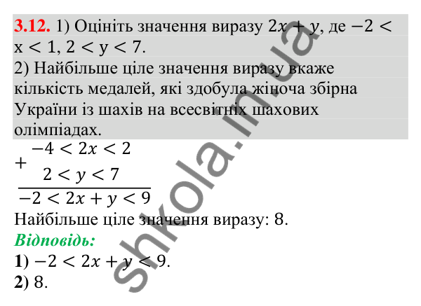 Відповідь до завдання 3.12 (с. 33) з алгебри для 9 класу (Істер, 2026): Почленне додавання і множення числових нерівностей