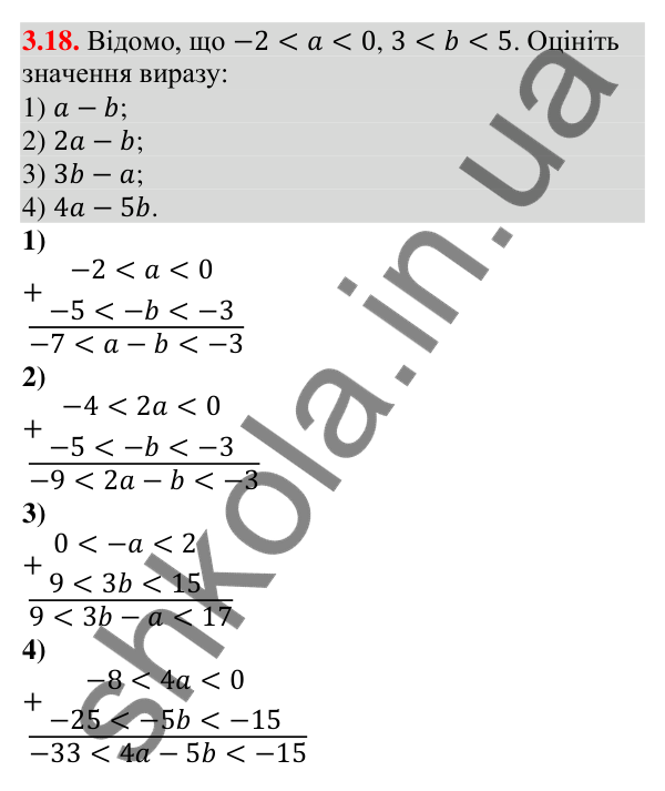 Відповідь до завдання 3.18 (с. 33) з алгебри для 9 класу (Істер, 2026): Почленне додавання і множення числових нерівностей