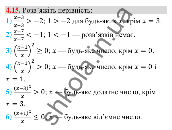 Завдання 4.15 Відповідь до завдання 4.15 (с. 37) з алгебри для 9 класу (Істер, 2026): Нерівності зі змінними. Розв’язок нерівності