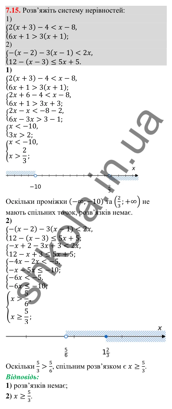 Відповідь до завдання 7.15 (с. 56) з алгебри для 9 класу (Істер, 2026): Системи лінійних нерівностей з однією змінною, їх…