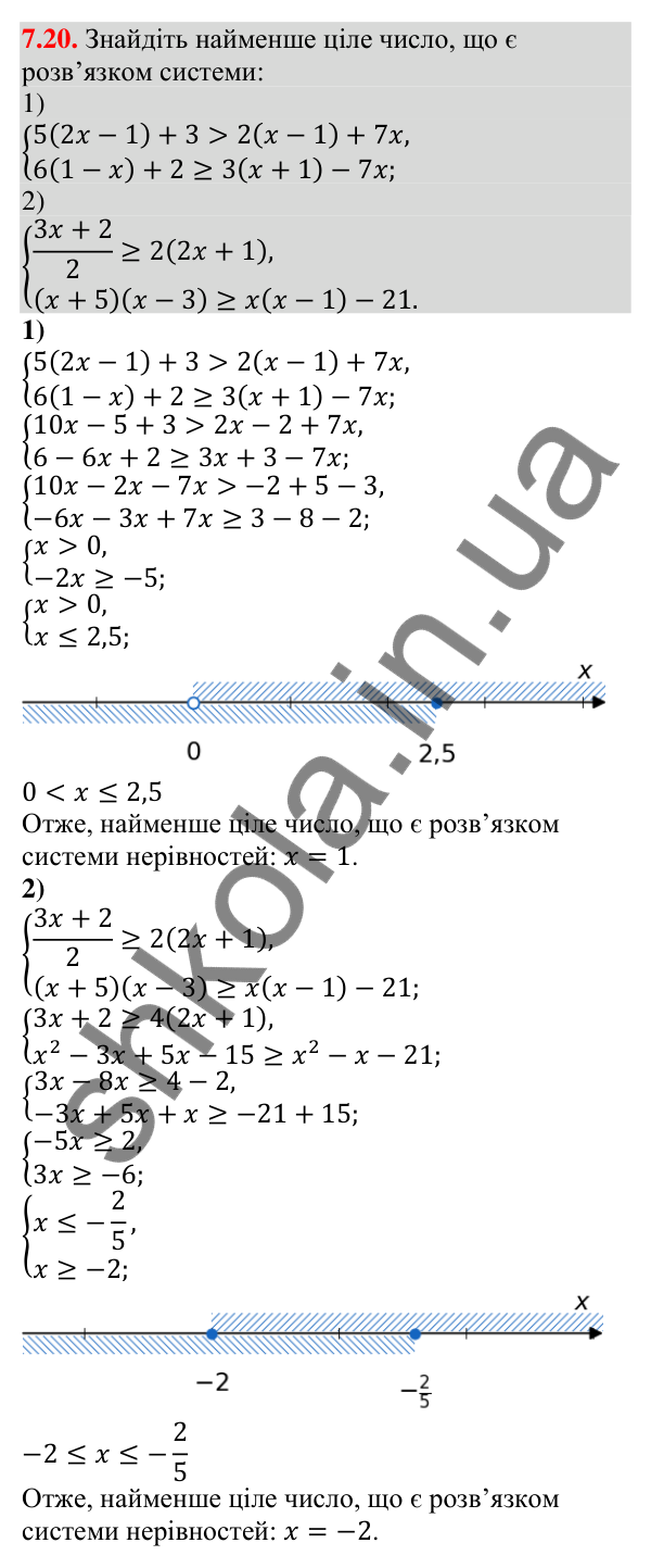 Відповідь до завдання 7.20 (с. 57) з алгебри для 9 класу (Істер, 2026): Системи лінійних нерівностей з однією змінною, їх…