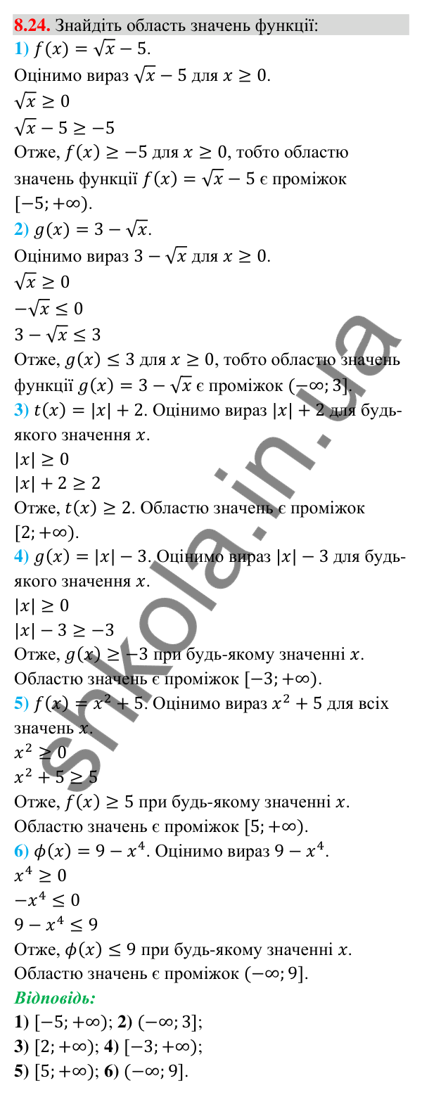 Завдання 8.24 Відповідь до завдання 8.24 (с. 79) з алгебри для 9 класу (Істер, 2026): Функції. Область визначення, область значень і…