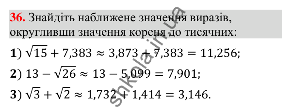 Відповідь до завдання 36 (с. 8) з повторення алгебри за 8 клас для 9 класу (Істер, 2026): Квадратні корені. Дійсні числа