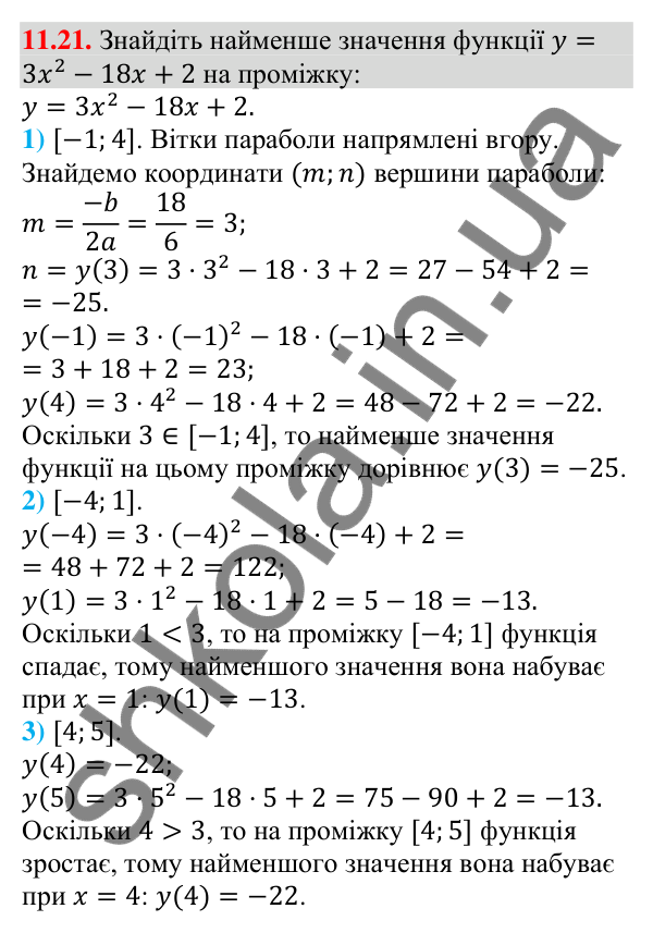 Завдання 11.21 Відповідь до завдання 11.21 (с. 103) з алгебри для 9 класу (Мерзляк, 2026): Квадратична функція, її графік і властивості