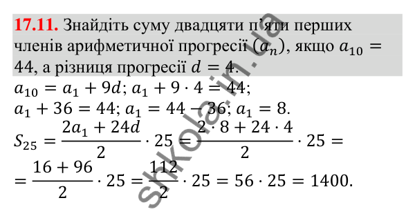 Завдання 17.11 Відповідь до завдання 17.11 (с. 164) з алгебри для 9 класу (Мерзляк, 2026): Сума n перших членів арифметичної прогресії