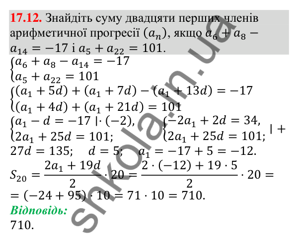Відповідь до завдання 17.12 (с. 164) з алгебри для 9 класу (Мерзляк, 2026): Сума n перших членів арифметичної прогресії