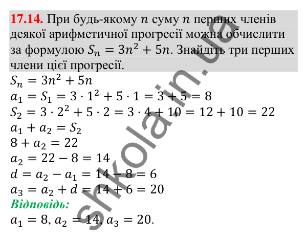 Відповідь до завдання 17.14 (с. 164) з алгебри для 9 класу (Мерзляк, 2026): Сума n перших членів арифметичної прогресії