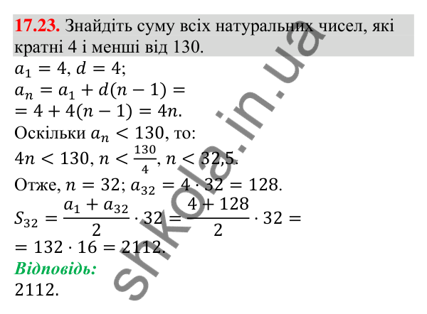 Завдання 17.23 Відповідь до завдання 17.23 (с. 165) з алгебри для 9 класу (Мерзляк, 2026): Сума n перших членів арифметичної прогресії