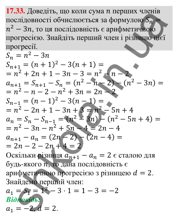 Відповідь до завдання 17.33 (с. 165) з алгебри для 9 класу (Мерзляк, 2026): Сума n перших членів арифметичної прогресії
