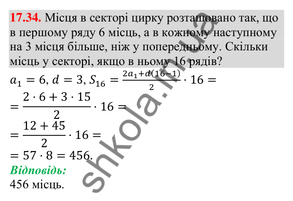 Відповідь до завдання 17.34 (с. 166) з алгебри для 9 класу (Мерзляк, 2026): Сума n перших членів арифметичної прогресії