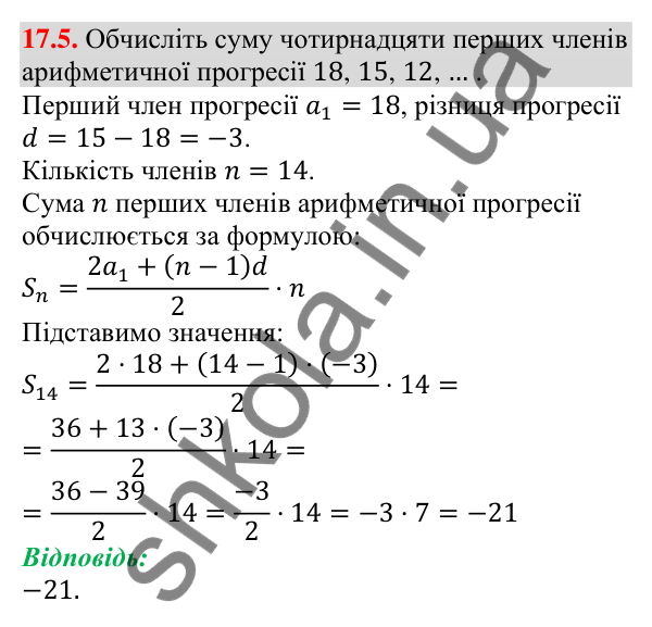 Завдання 17.5 Відповідь до завдання 17.5 (с. 163) з алгебри для 9 класу (Мерзляк, 2026): Сума n перших членів арифметичної прогресії