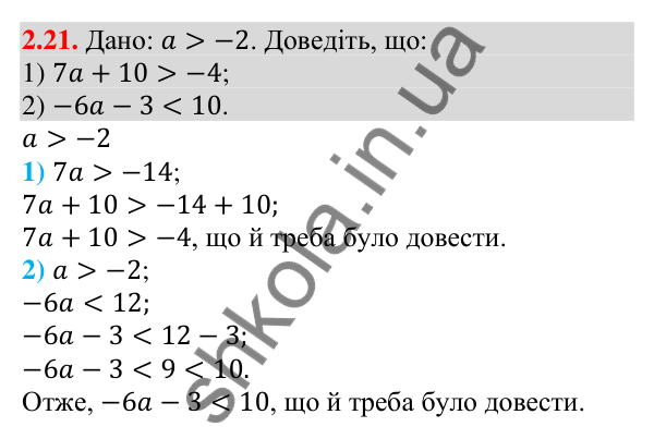 Завдання 2.21 Відповідь до завдання 2.21 (с. 19) з алгебри для 9 класу (Мерзляк, 2026): Властивості нерівностей