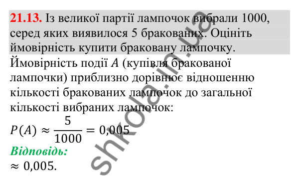 Завдання 21.13 Відповідь до завдання 21.13 (с. 208) з алгебри для 9 класу (Мерзляк, 2026): Частота та ймовірність випадкової події