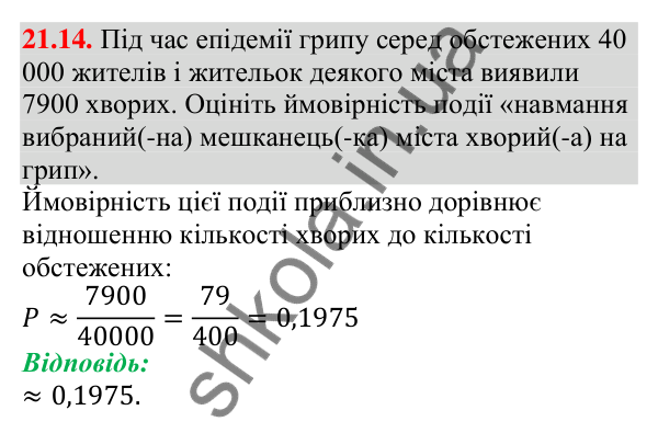 Відповідь до завдання 21.14 (с. 208) з алгебри для 9 класу (Мерзляк, 2026): Частота та ймовірність випадкової події
