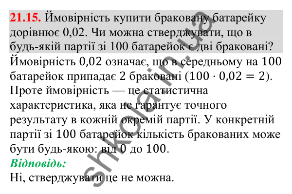 Завдання 21.15 Відповідь до завдання 21.15 (с. 208) з алгебри для 9 класу (Мерзляк, 2026): Частота та ймовірність випадкової події
