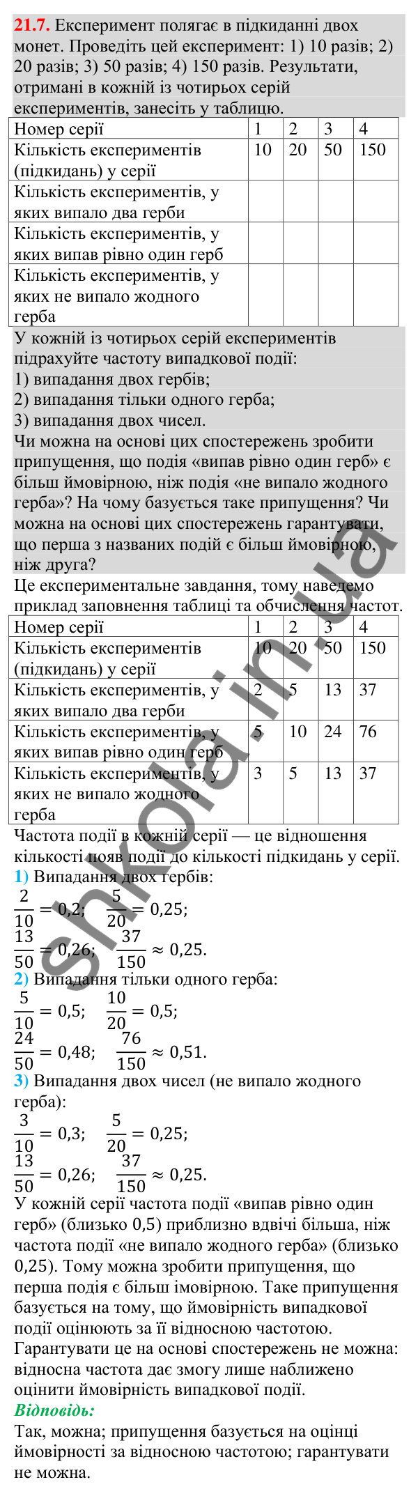 Відповідь до завдання 21.7 (с. 206) з алгебри для 9 класу (Мерзляк, 2026): Частота та ймовірність випадкової події