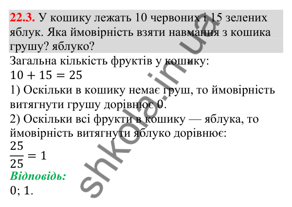 Відповідь до завдання 22.3 (с. 216) з алгебри для 9 класу (Мерзляк, 2026): Класичне визначення ймовірності