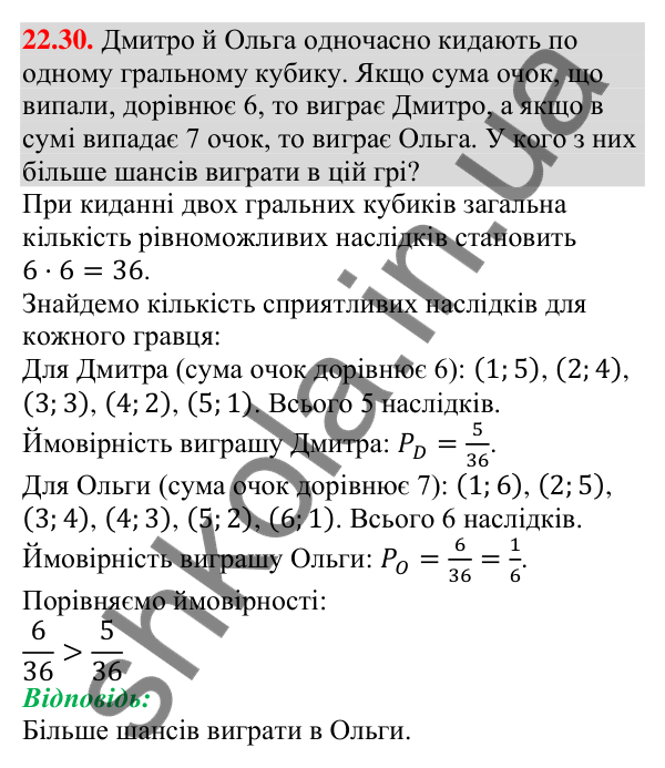 Відповідь до завдання 22.30 (с. 220) з алгебри для 9 класу (Мерзляк, 2026): Класичне визначення ймовірності
