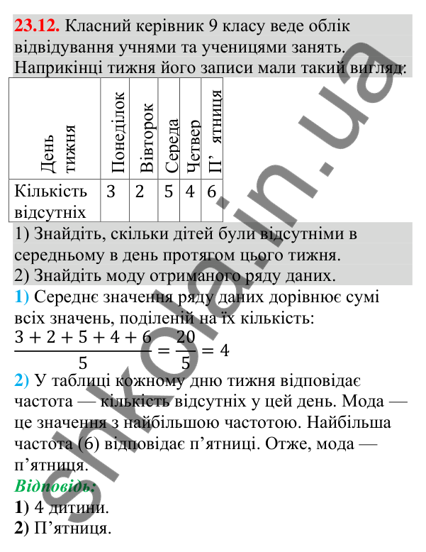Завдання 23.12 Відповідь до завдання 23.12 (с. 234) з алгебри для 9 класу (Мерзляк, 2026): Початкові відомості про статистику