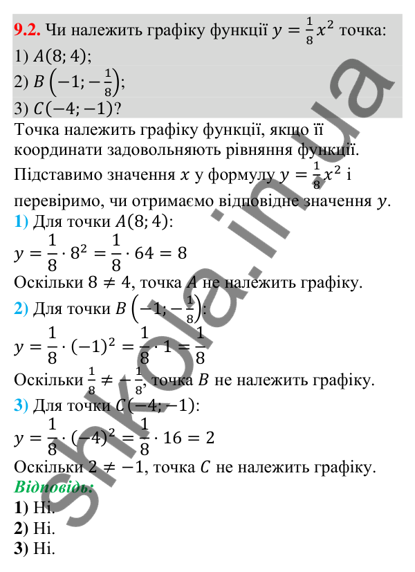 Завдання 9.2 Відповідь до завдання 9.2 (с. 87) з алгебри для 9 класу (Мерзляк, 2026): Побудова графіка функції y = ax²