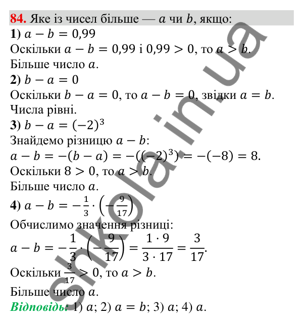 Відповідь до завдання 84 (с. 23) з алгебри для 9 класу (Тарасенкова, 2026): Числові нерівності та їх властивості