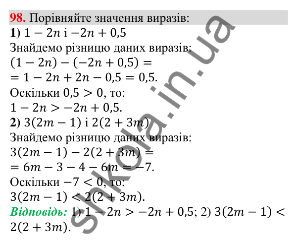 Відповідь до завдання 98 (с. 25) з алгебри для 9 класу (Тарасенкова, 2026): Числові нерівності та їх властивості