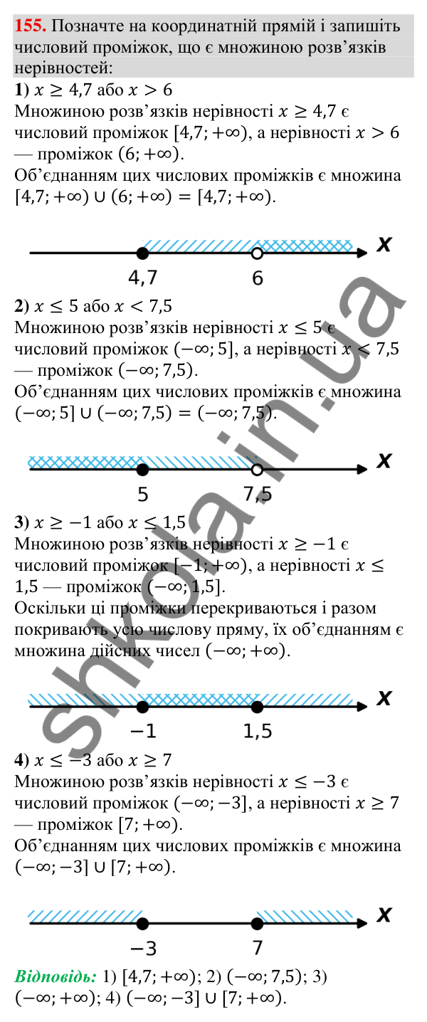 Відповідь до завдання 155 (с. 47) з алгебри для 9 класу (Тарасенкова, 2026): Числові проміжки