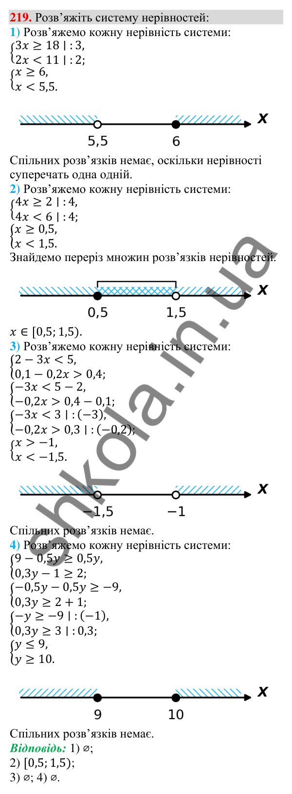 Відповідь до завдання 219 (с. 69) з алгебри для 9 класу (Тарасенкова, 2026): Системи лінійних нерівностей з однією змінною