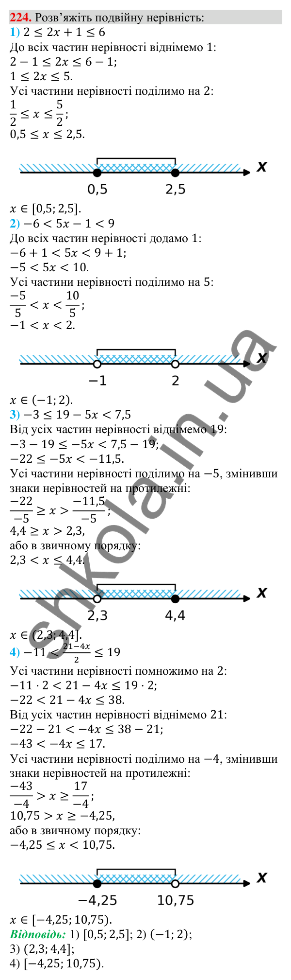 Відповідь до завдання 224 (с. 70) з алгебри для 9 класу (Тарасенкова, 2026): Системи лінійних нерівностей з однією змінною