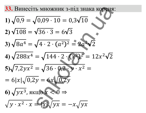 Відповідь до завдання 33 (с. 9) з повторення алгебри за 8 клас для 9 класу (Тарасенкова, 2026): Квадратні корені. Дійсні…
