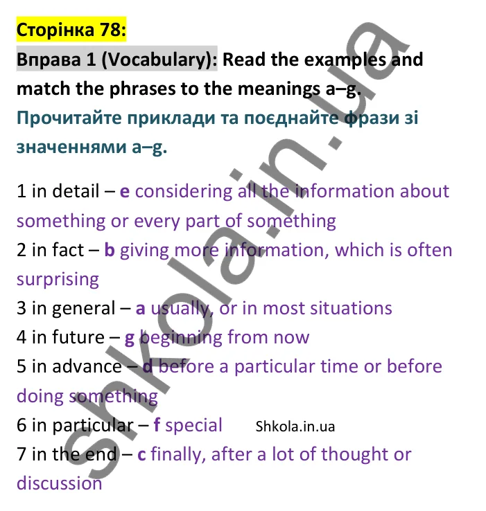 Відповідь до вправи 1 словник сторінка 78 - ГДЗ Англійська мова 9 клас Джозеф 2026