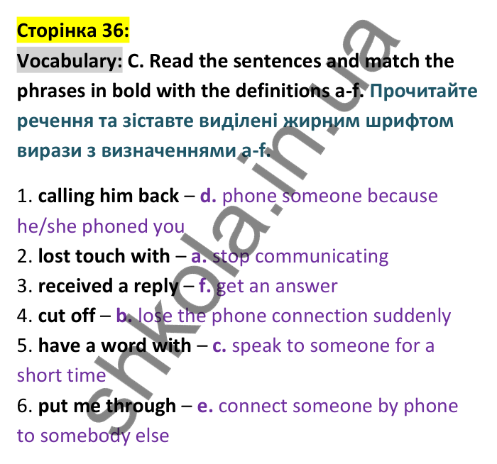 Відповідь до вправи Vocabulary C сторінка 36 - ГДЗ Англійська мова 9 клас Мітчелл 2026. Full Blast Plus 9. Students book