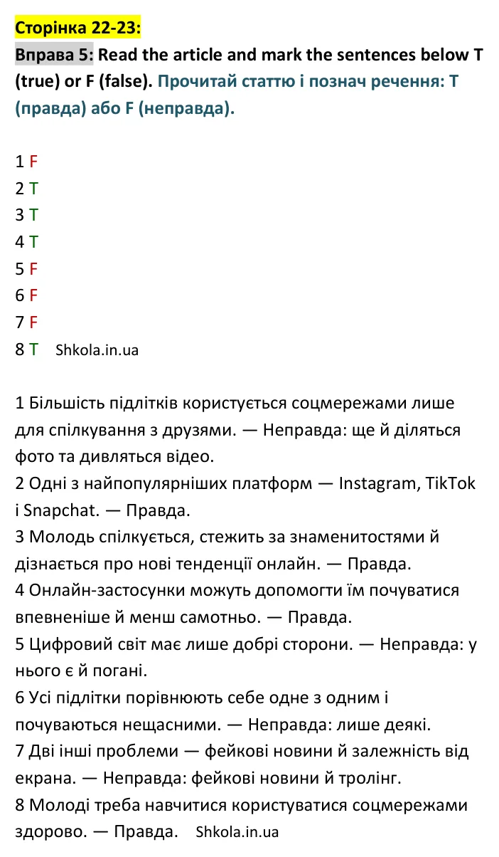 Відповідь до вправи 5, сторінка 22-23 - ГДЗ Англійська мова 9 клас Карпюк 2026 тести
