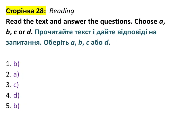 Відповідь до завдання Reading, сторінка 28 - ГДЗ Англійська мова 9 клас Мітчелл 2026 тести