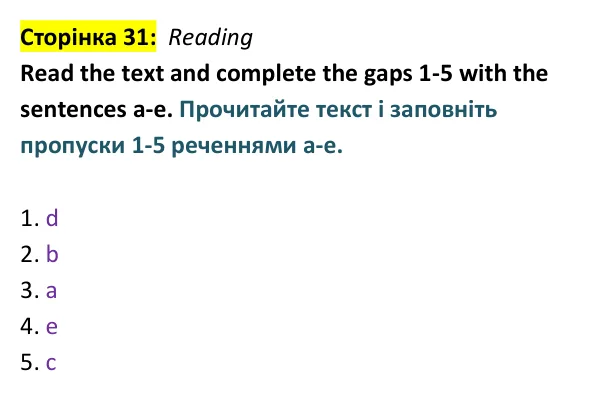 Відповідь до завдання Reading, сторінка 31 - ГДЗ Англійська мова 9 клас Мітчелл 2026 тести