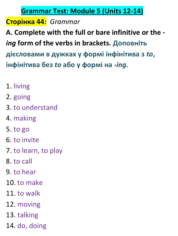 Відповідь до завдання Grammar A, сторінка 44 - ГДЗ Англійська мова 9 клас Мітчелл 2026 тести