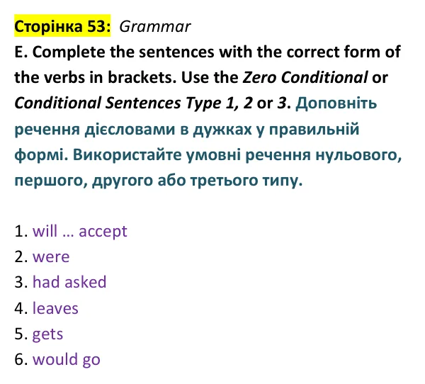 Відповідь до завдання Grammar E, сторінка 53 - ГДЗ Англійська мова 9 клас Мітчелл 2026 тести
